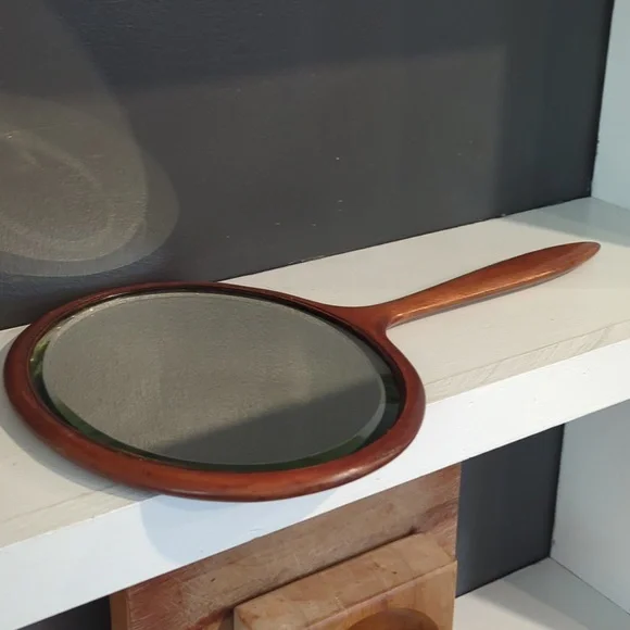 Vintage Wooden Beveled Glass Hand Mirror, Vanity Hand Mirror - Picture 5 of 7